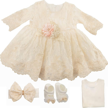Newborn Baby Girl Lace Dress Set, 4 Pieces Outfit for Special Occasions (US, Age, 0 Months, Gold, Ivory (with Gift