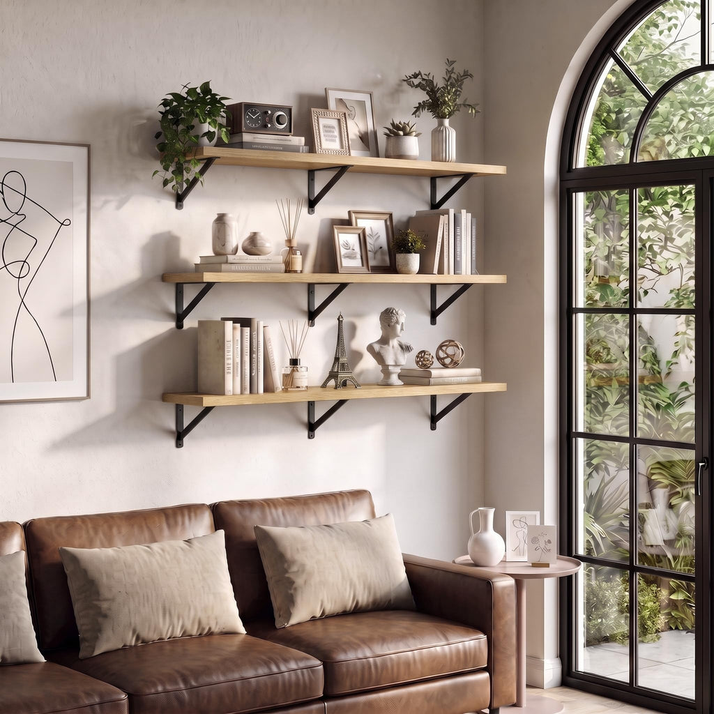 16" x 12" Deep Floating Shelves Set of 3, Rustic Wide Wall Mounted Display Racks, Books, Plants & Collectibles, Easy