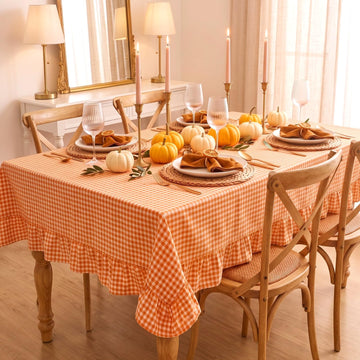 Gingham Ruffled Tablecloth, Fall Orange, 52 x 70 Inches, Rectangle