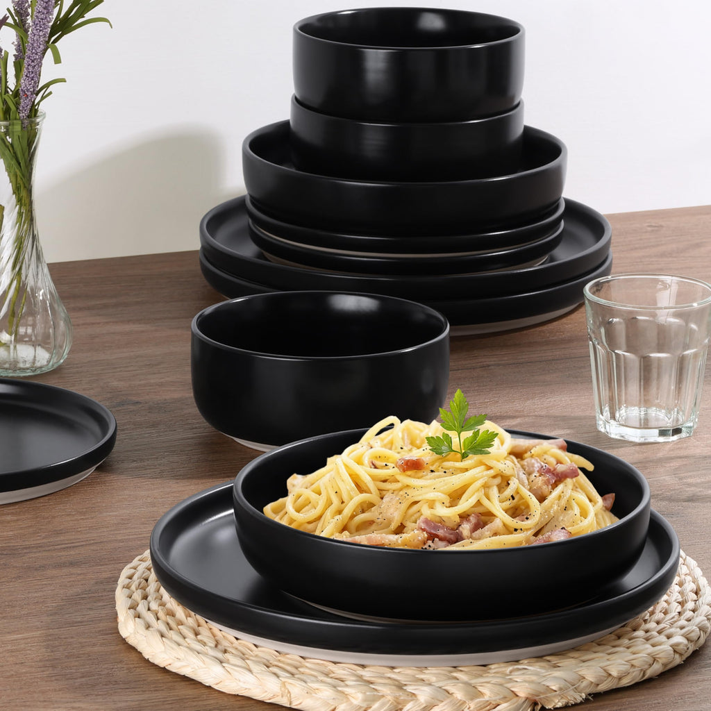 16-Piece Plates and Bowls Set for 4, Stoneware Dinnerware Sets with Pasta Bowl, Dishes Set Restaurant, Frosting Black
