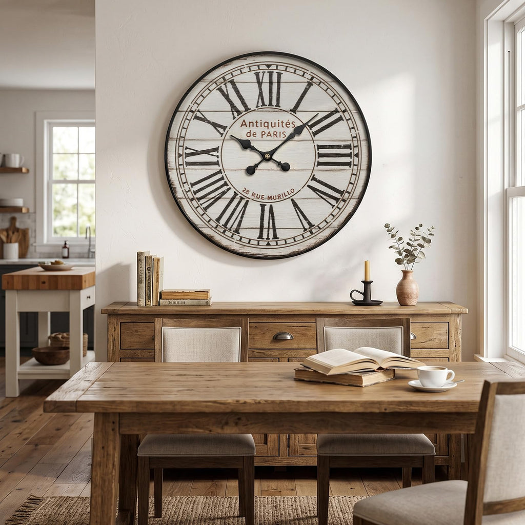 30 Inch Large Farmhouse Wall Clock, Vintage Distressed White