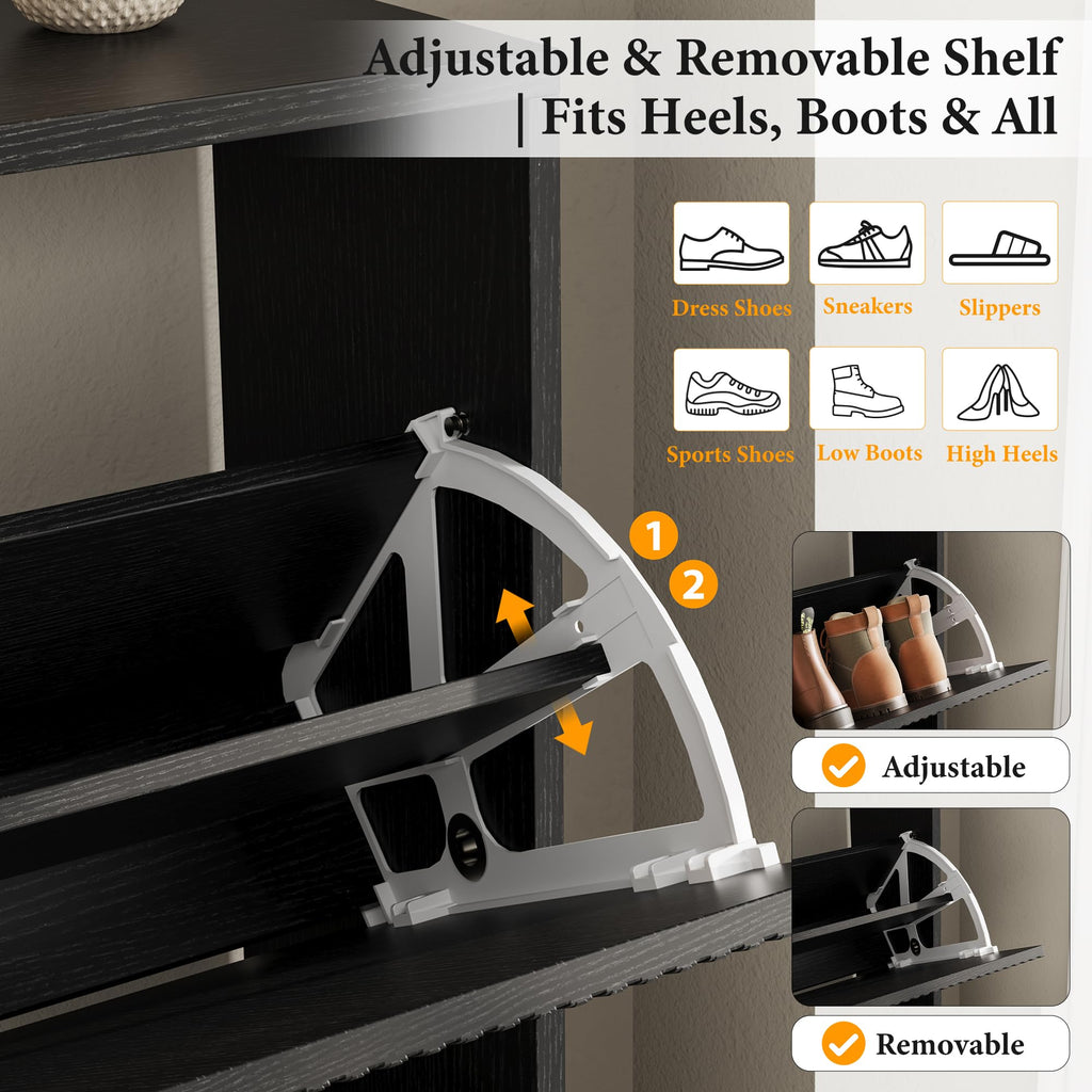 Shoe Storage Cabinet, 4 Flip Drawers with Adjustable Shelves, Mid-Century Modern Shoe Organizer with Tiered Fluted
