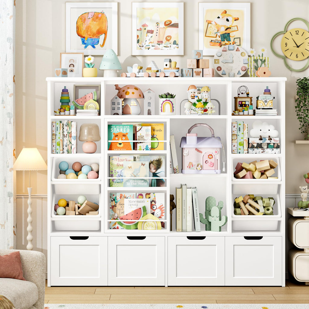 Toy Storage with Sliding Bookshelf, Toy Organizer with 4 Bins
