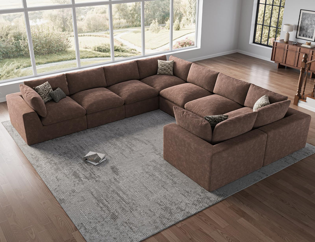 120" Cloud Sectional Couch | Oversize Boneless Couches | 4 Seater L-Shape Sofa | Brown