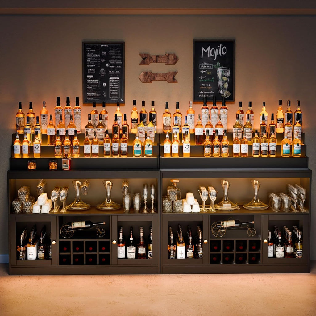 Wine Bar Cabinet with LED Lighted Liquor Bottle Display Shelf, Liquor Cabinet with Glass Holder, Coffee Bar for