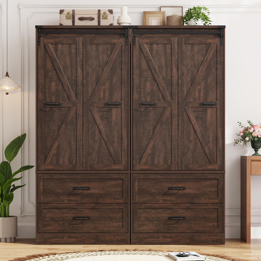 Farmhouse Wardrobe Armoire Closet with 4 Doors and 4 Drawers, Brown