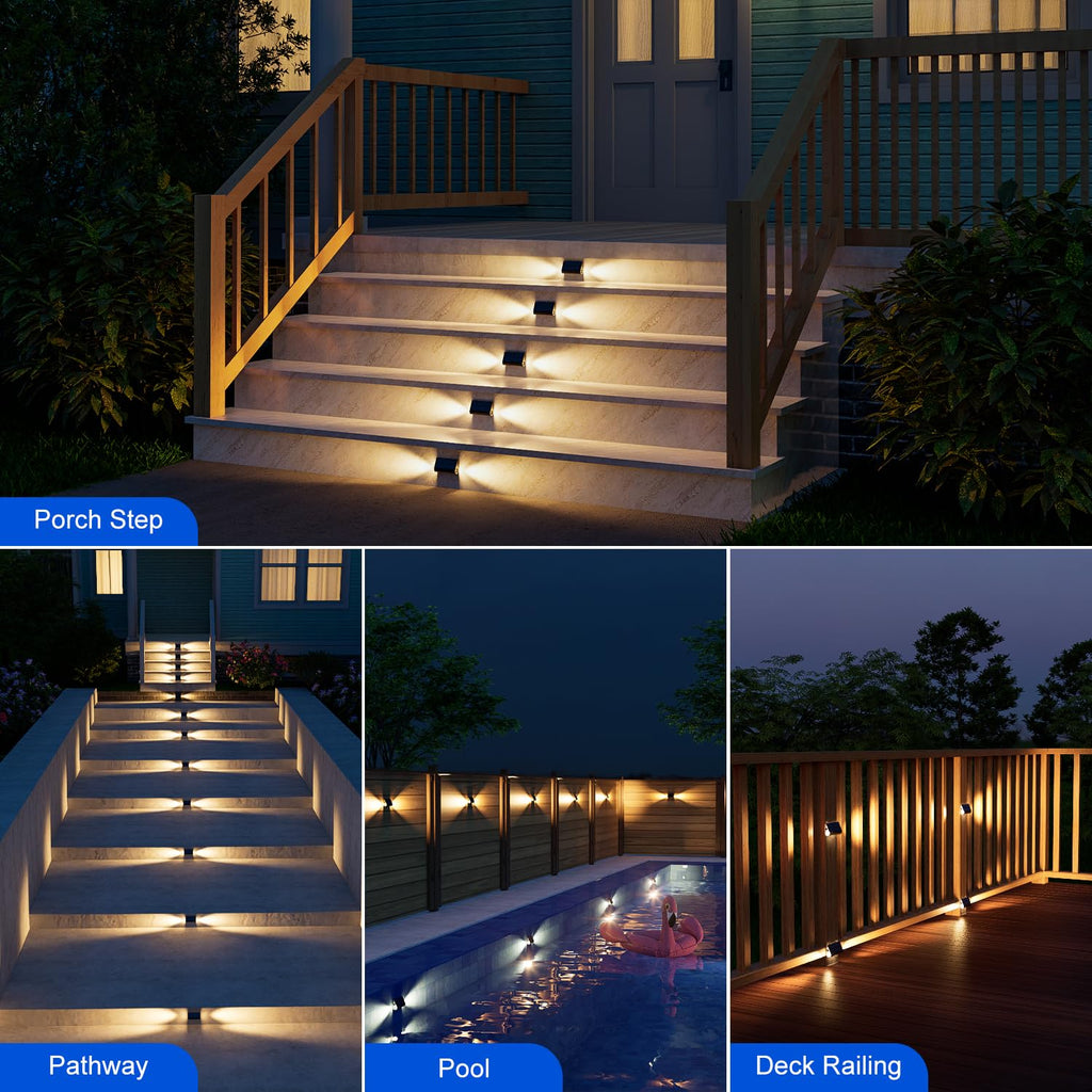 Solar Deck Stair Lights, Waterproof, 2-Sided Warm White LED