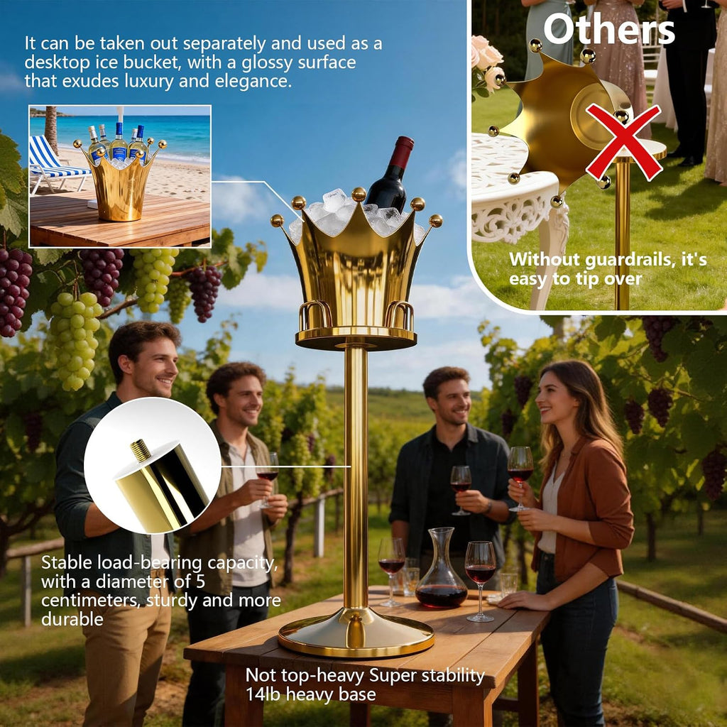 Crown Champagne Ice Bucket Gold with Stand,Gold Crown Ice Buckets, 7l Crown Shaped Stainless Steel Luxury Vertical
