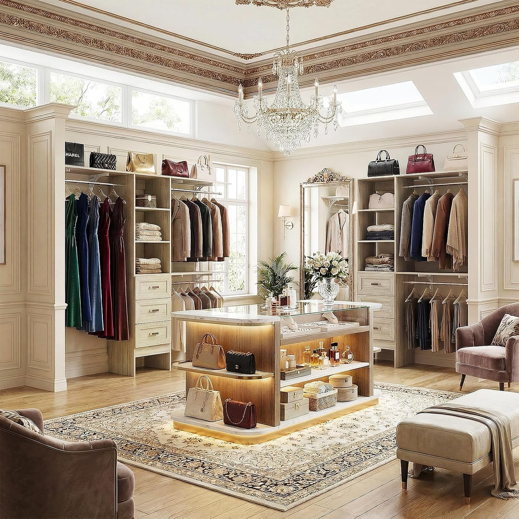 8FT Closet System with 3 Curved Drawers, 96'' Wooden Walk-in Closet Organizer with 3 Top Shelves, Adjustable