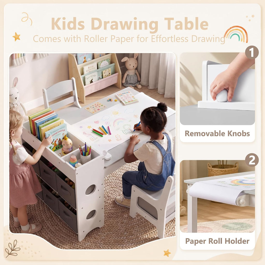 Kids Art Table & 2 Chairs Set, Bookshelf, Grey