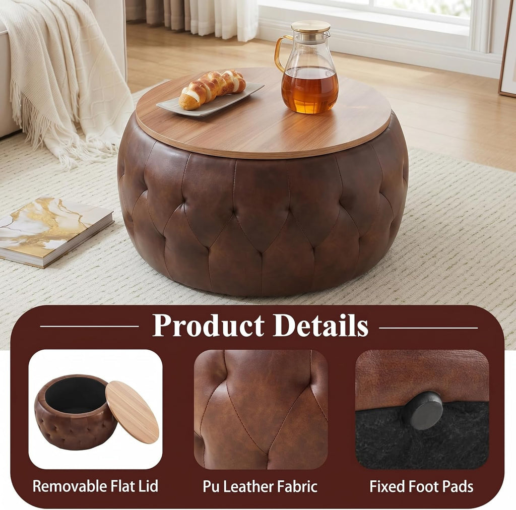 Round Ottoman with Storage, 25 Inches Wooden Top Coffee Table , Modern Upholstered Side Table, Multifunctional Faxu