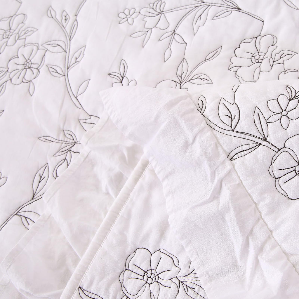 Romantic Ruffled Floral Embroidered Quilt Set White 100% Cotton Bedspread with 2 Ruffle Pillow Shams