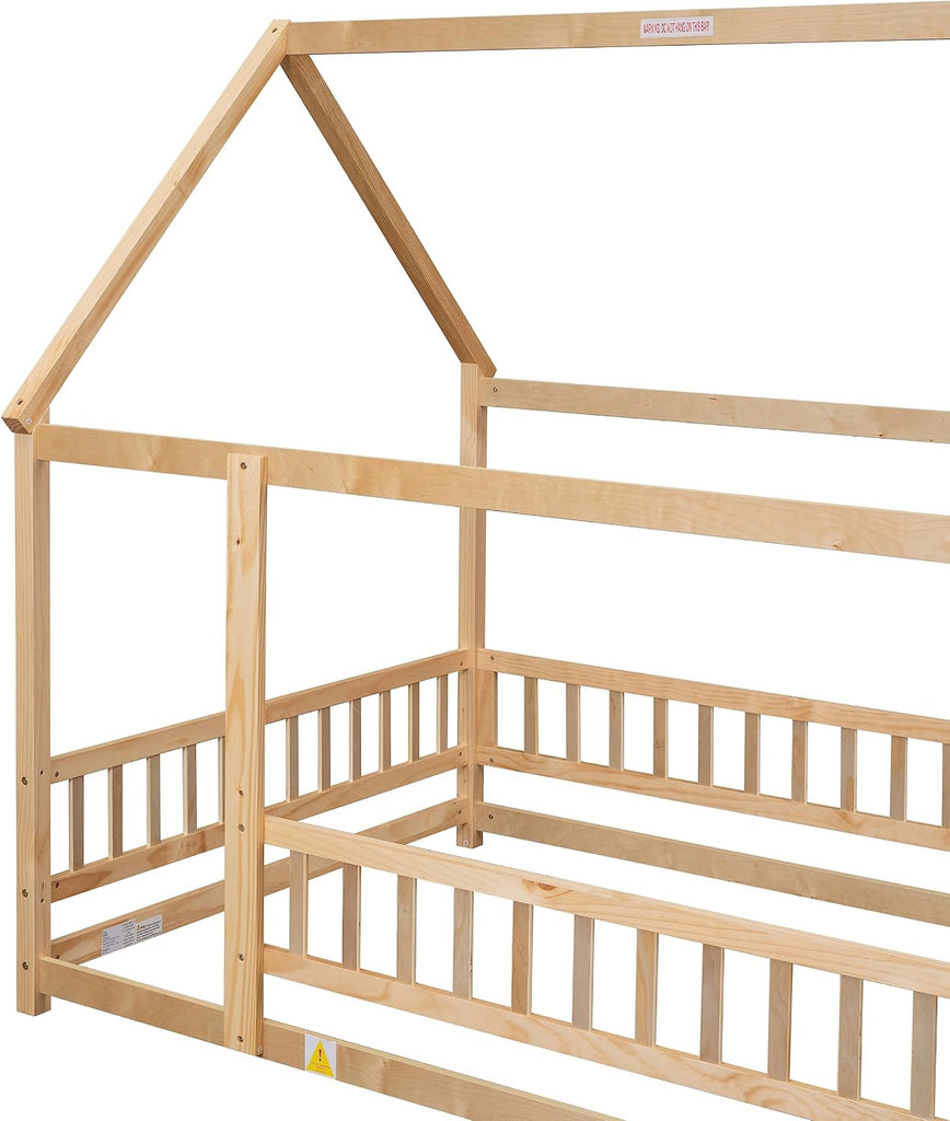 Toddler Floor Bed with Roof and Fence, Natural