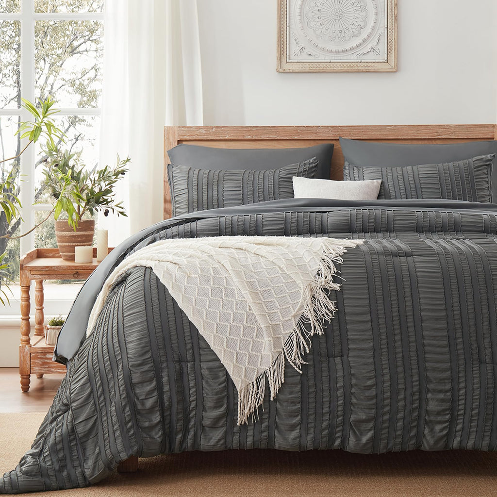Dark Grey Tufted Textured Comforter Set, 7 Piece Bed in a Bag, Shabby Chic Boho Bedding Comforter, All