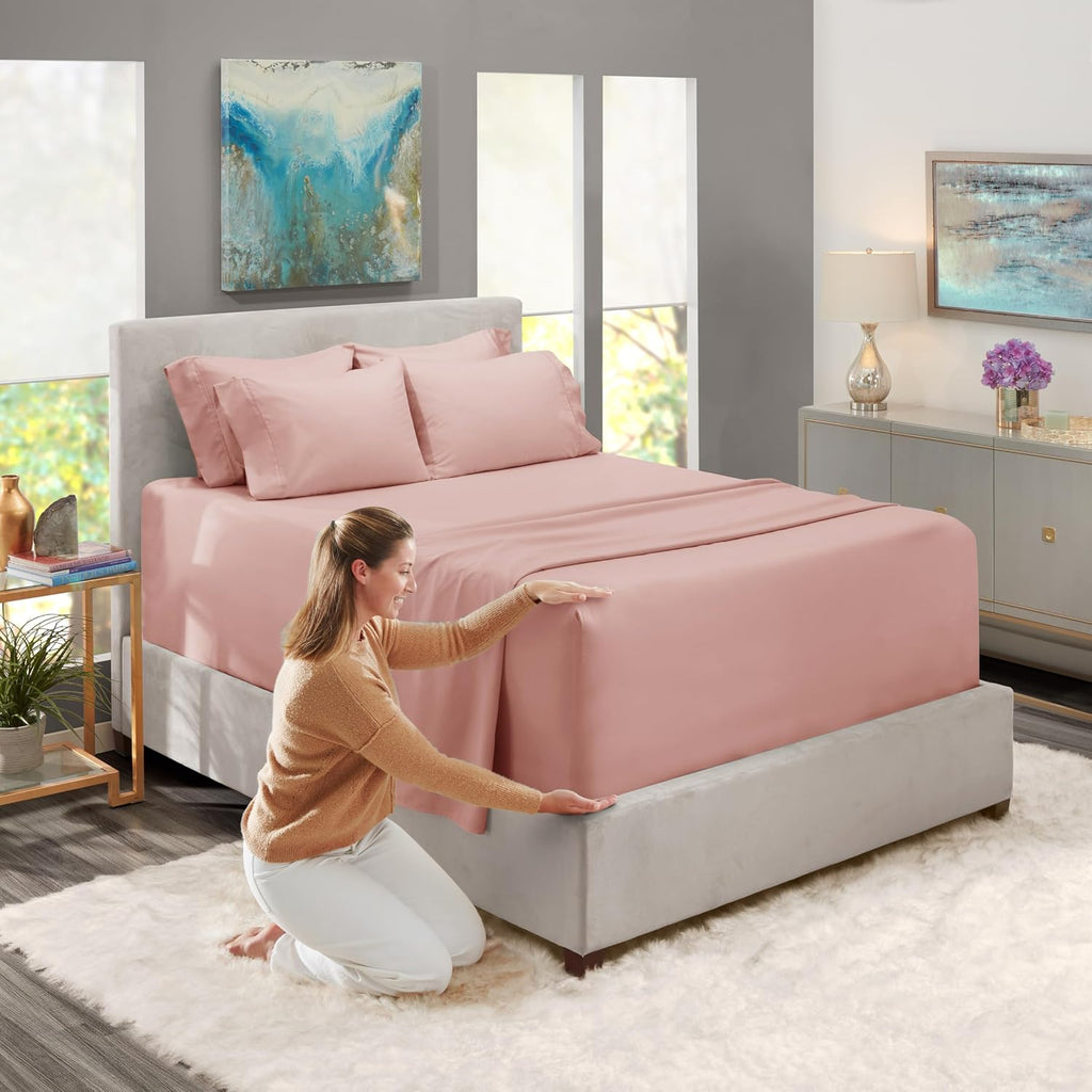 Extra Deep Pocket Sheet Sets, Luxury Soft 6 Piece Bed Sheet Set Fits Mattress 18-24 Inches - King, Peach Beige