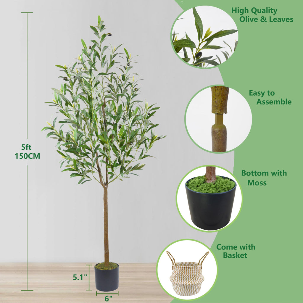 Artificial Olive Tree 5ft Fake Plant with Woven Basket