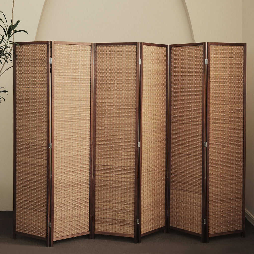 6 Panel Bamboo Room Divider - 5.6 ft Tall Folding Privacy Screen for Room Separation, Natural Brown Freestanding