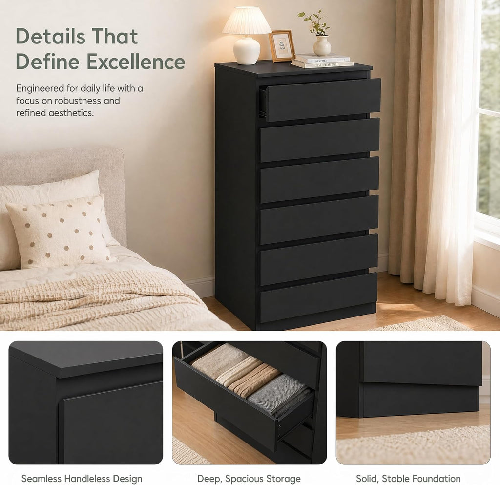 Black 6 Drawer Dresser ,Tall Modern Dressers & Chest of Drawers with Handle-Free Design,Wood Storage Dresser with