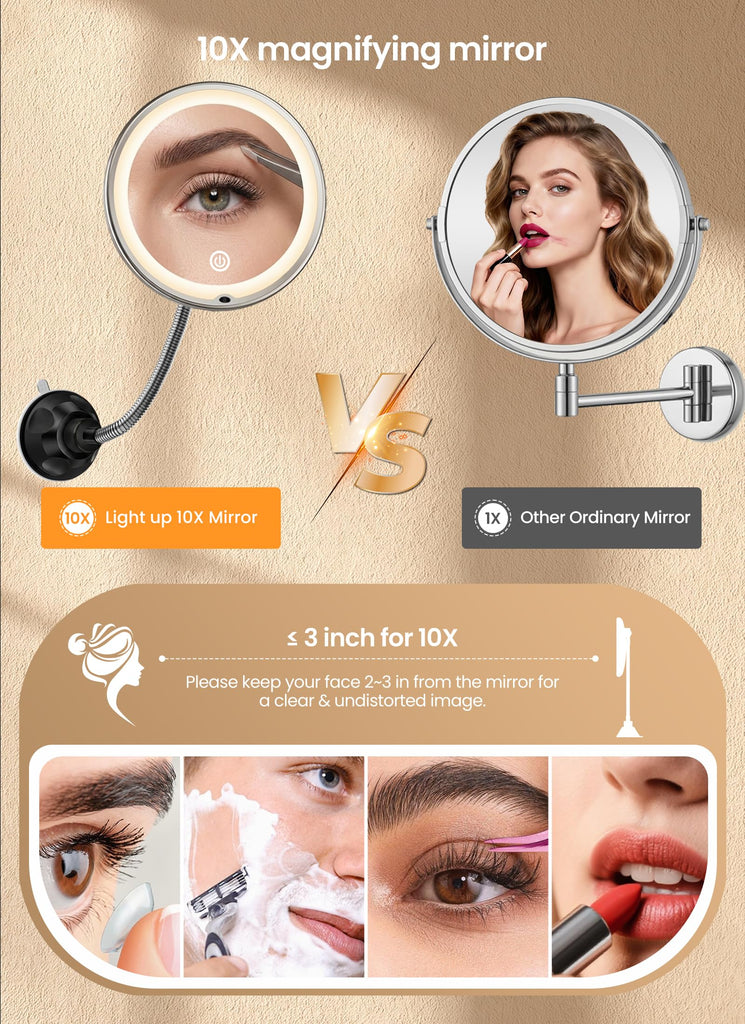 10x Makeup Mirror with Lights, Flexible Magnifying Mirror 3 Light Modes
