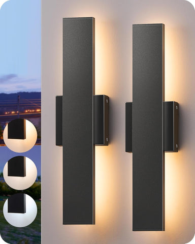2 Pack LED Outdoor Wall Lights Dimmable, 3000K 4000K 5000K, 15.7" Modern Black Outdoor Wall Sconce, IP65 Waterproof