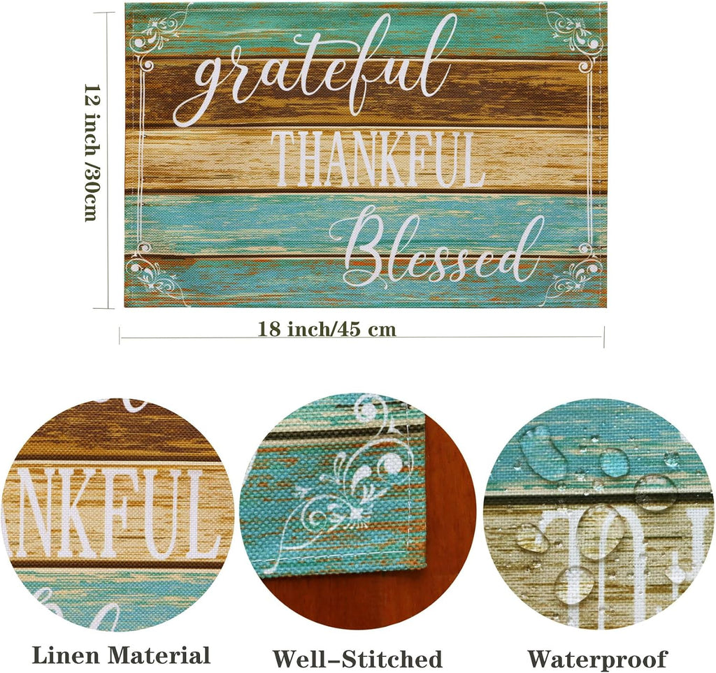 Farmhouse Teal Placemats Thankful Blessed Table Mats - Set of 4
