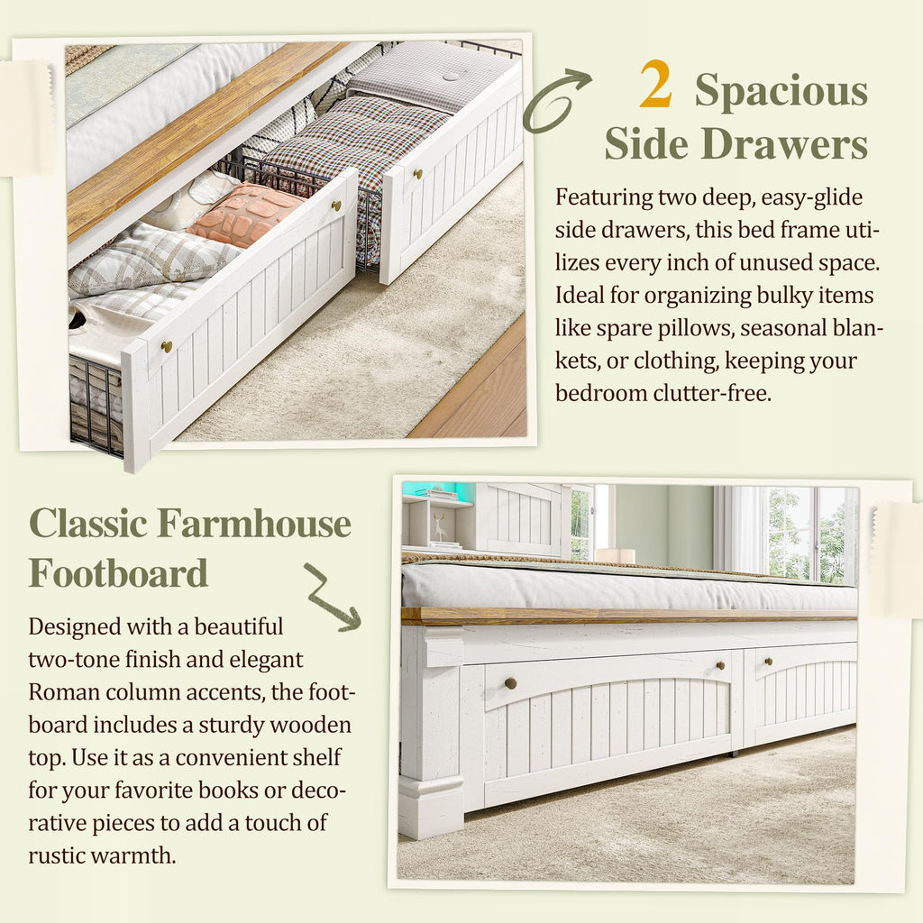 Farmhouse Bed Frame with Storage Headboard & Charging Station