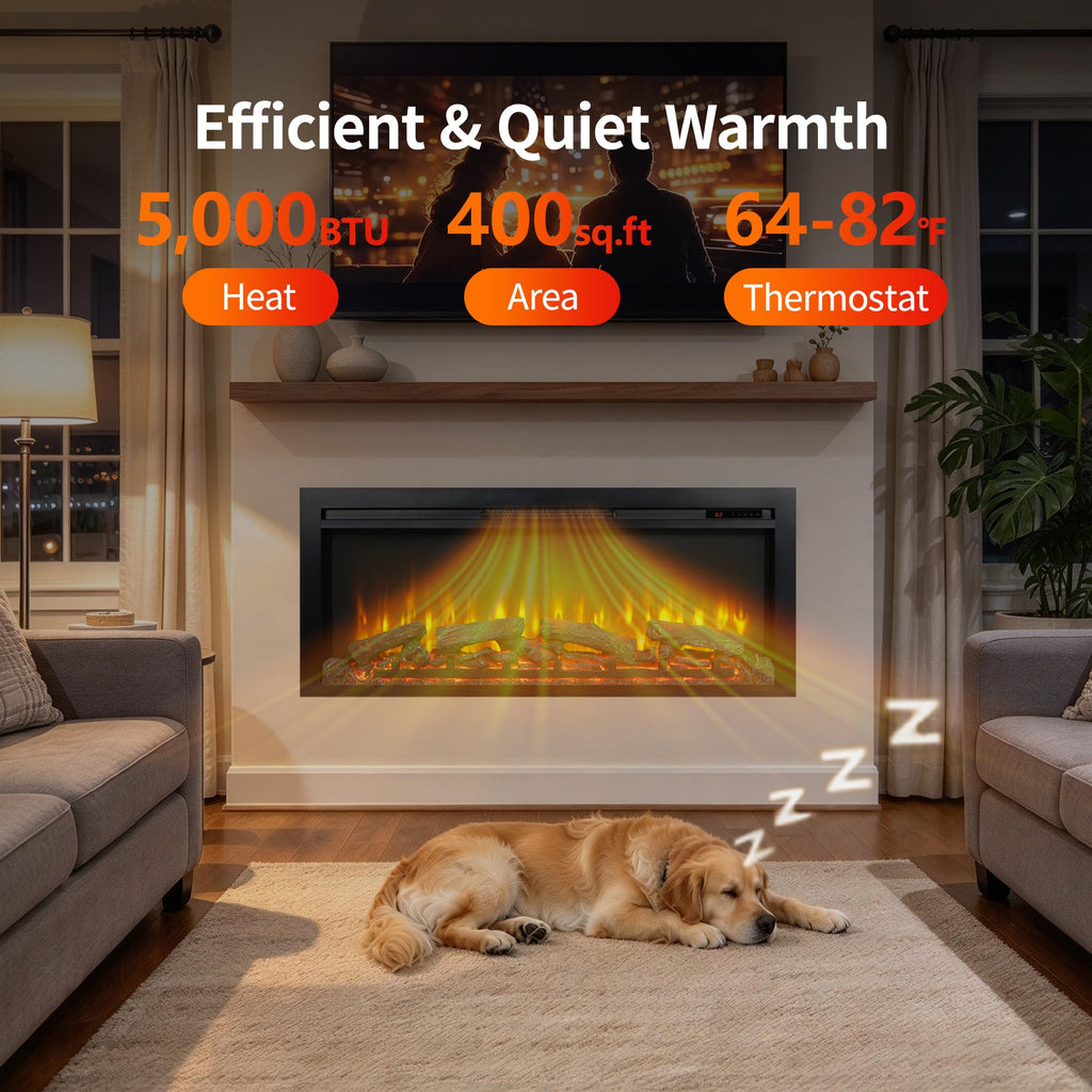 44" Electric Fireplace Insert, Realistic Flame & Resin Log, Adjustable Flame Brightness, Thermostat, Remote, Timer