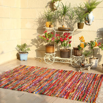 Multicolor Bohemian Rug Boho Striped Recycled Cotton Chindi Area Rugs with Decorative Tassels