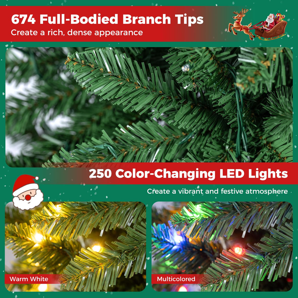 6 FT Pre-Lit Artificial Christmas Tree w/ 250 Multi-color Lights
