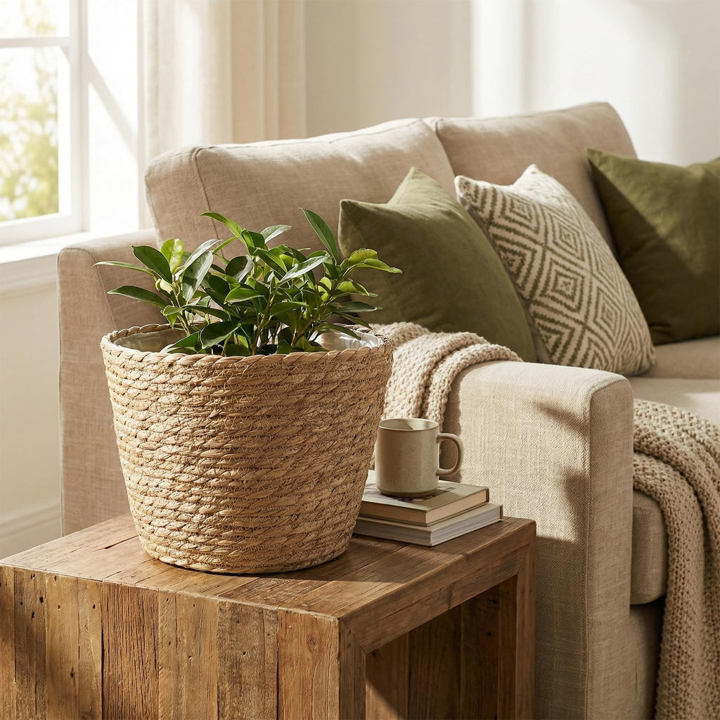 Set of 4 Seagrass Planter Basket, 6" 7" 9" 10" Hand Woven Plant Basket with Waterproof Plastic Liner, Round Natural