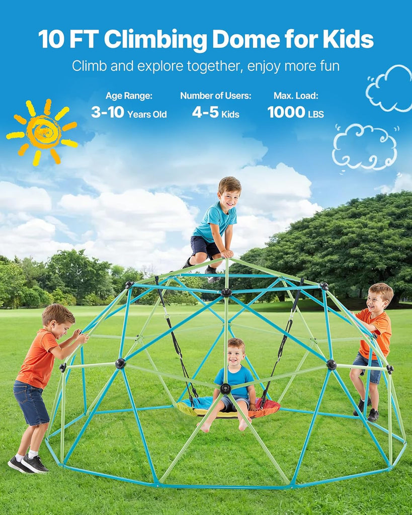 Climbing Dome, 10FT Geometric Dome Climber with Saucer Swing, 1000LBS Loading Kid's Jungle Gym Playground