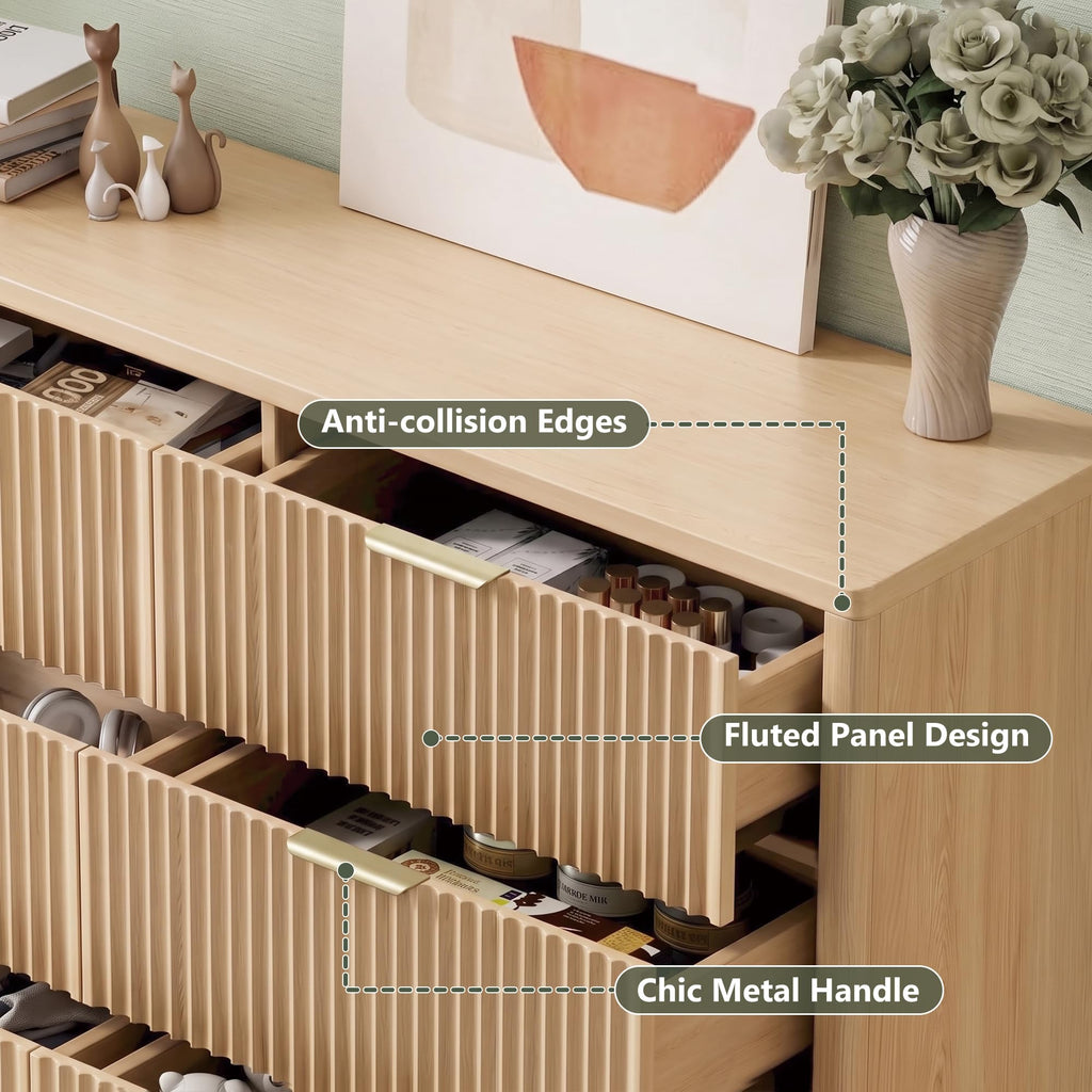 Fluted 6 Drawer Dresser, 47" W Modern Chest of Drawers with Metal Handles, Wood Dresser TV Stand, Closet Dresser