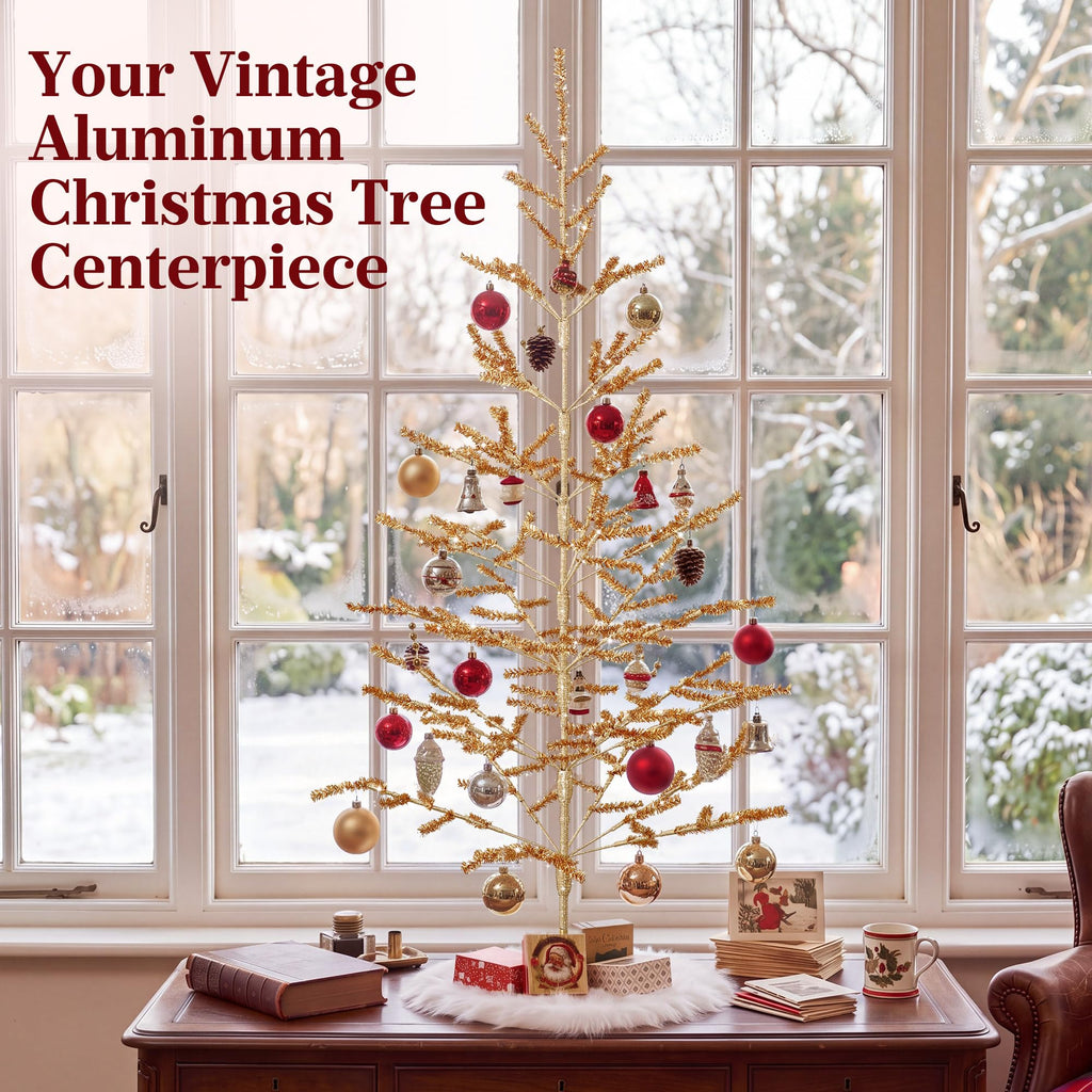 4ft Champagne Christmas Tree, Retro Aluminum Christmas Tree, Tinsel Trees