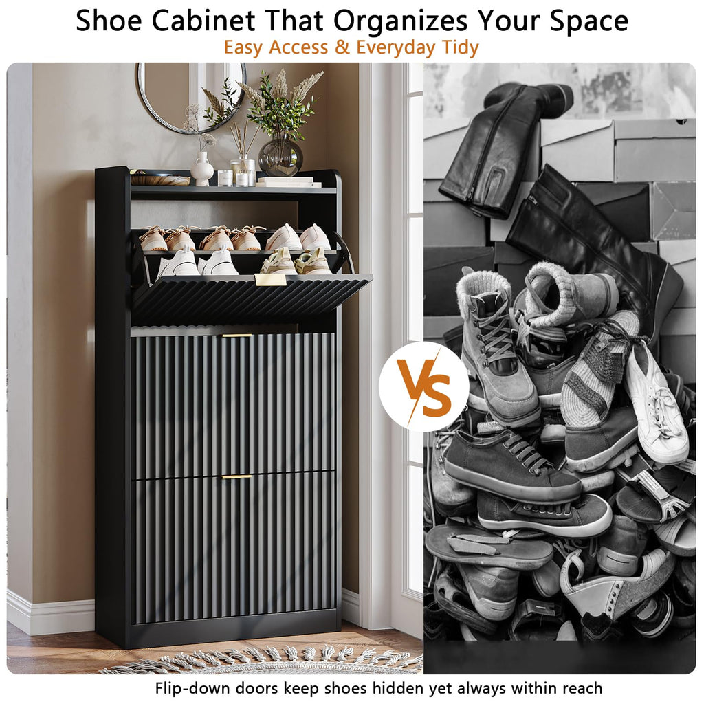 Black Fluted Slim Shoe Cabinet Storage with 3 Flip Drawers