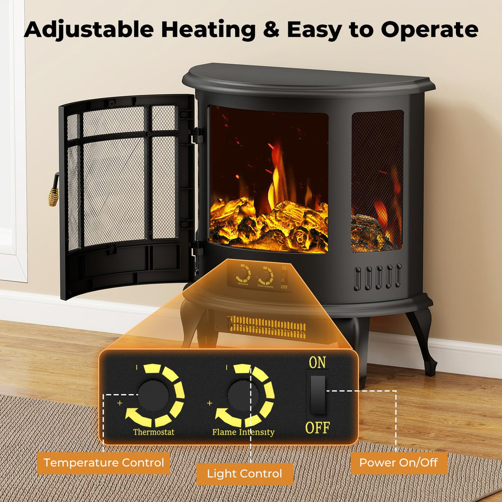 Electric Fireplace Stove-Oval Freestanding Fireplace Heater w/ 3D Flame, Thermostat Control, 1500W Quiet Heating