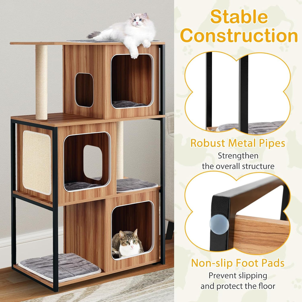 52-inch Wood Cat Tree for Indoor Cats, Multi-Level Solid Metal Framed Wooden Cat Tower with Sisal Scratching Posts