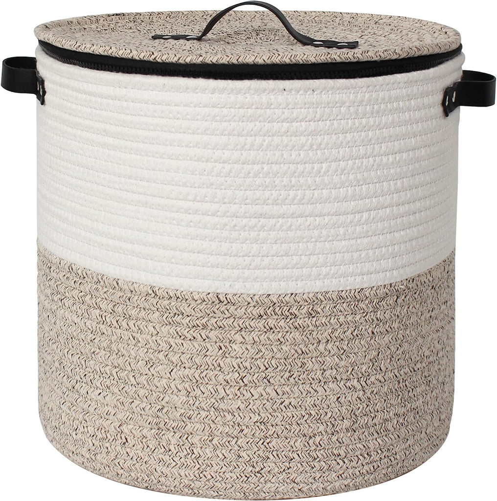 Basket with Lid, 15"x13" Round Woven Blanket Storage , Decorative Cotton Rope Hamper with Zipper Top, Wicker Basket