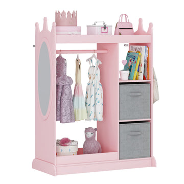 Kids Armoire Wardrobe Closet with Mirror and Storage Bin, Pink, 33.4 in W x 15.75 in D x 44.5 in H