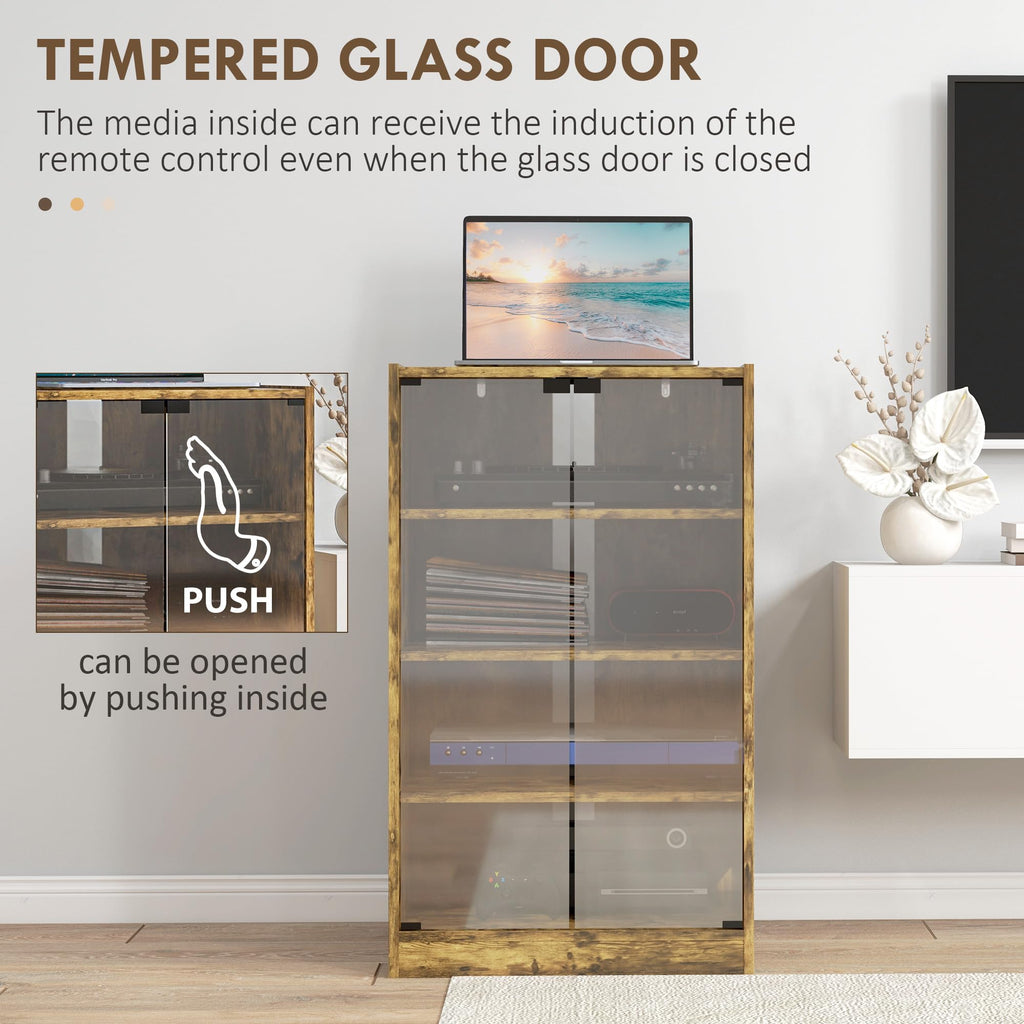 Media Cabinet, 4-Tier Stereo Cabinet, Modern Audio Video Media Stand with Adjustable Shelves, Tempered Glass Doors
