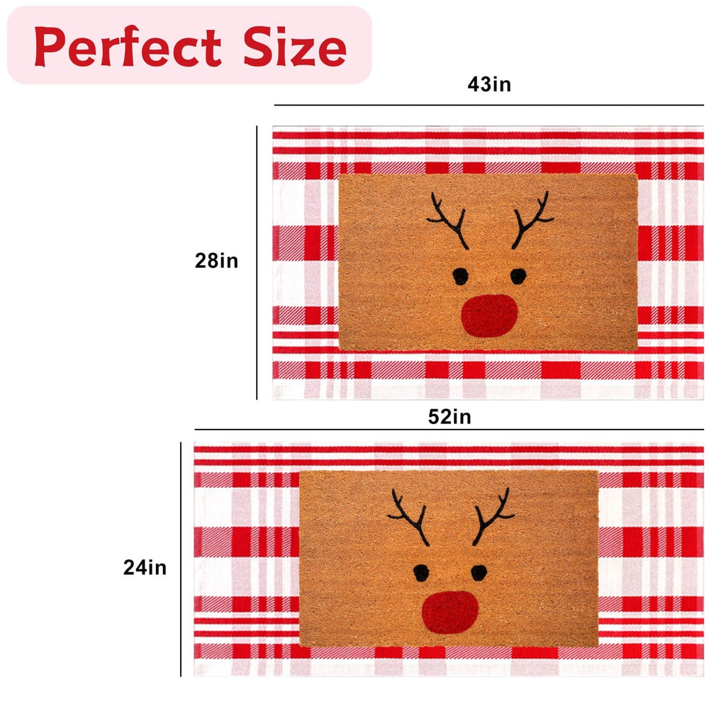 Christmas Door Mat Red and White Plaid Rug 28 x 43 Inch, Cotton Woven Christmas Checkered Front Door Mat and Covered