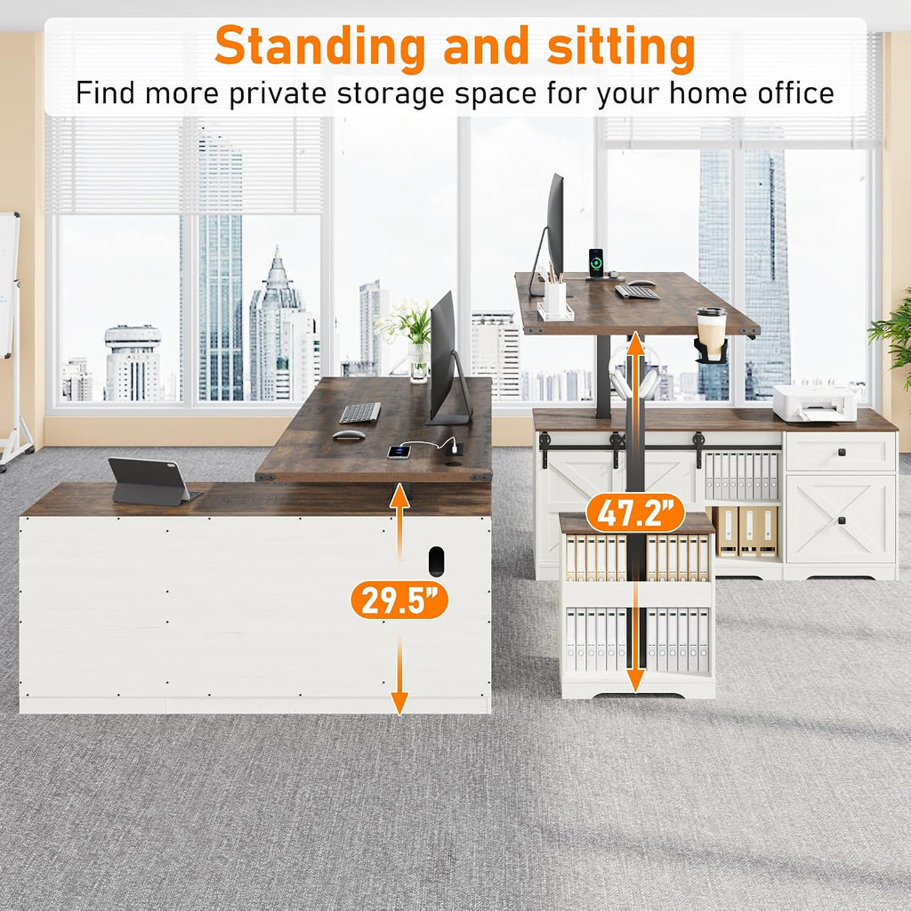 L Shaped Electric Standing Desk 63" White with Power & Storage | File drawer, sliding door cabinet, cup holder