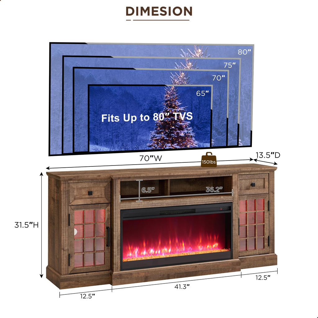 Fireplace TV Stand for 80 Inch TV, Farmhouse Highboy Entertainment Center w/LED Lights & 36" Electric Fireplace