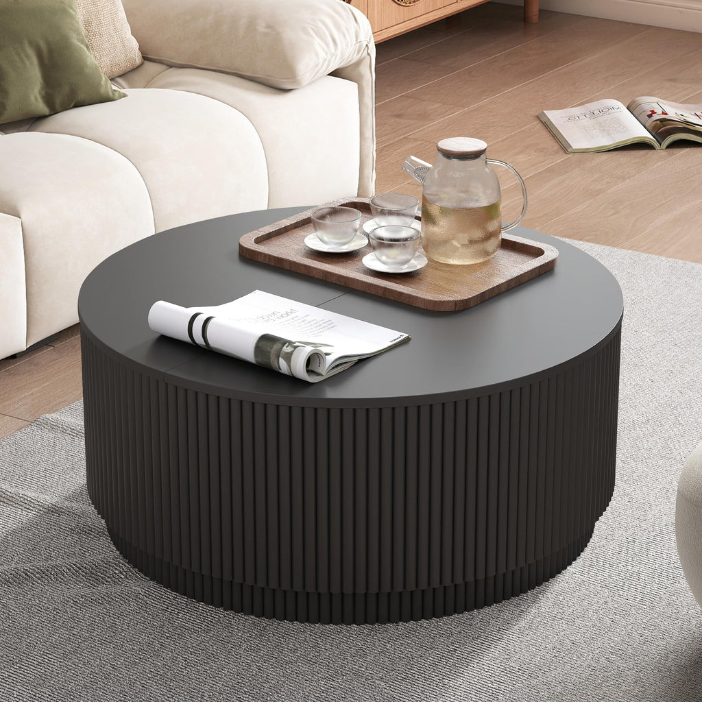 31.5" Round with Storage, Modern Accent Coffee Tables with Fluted Base, Wooden Circle Center Table Small Space