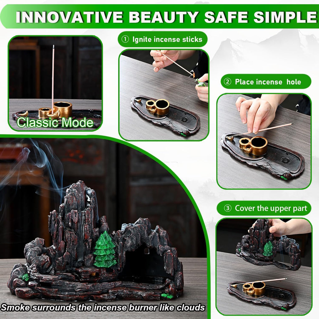 Mountain Waterfall Incense Burner,Backfall Incense Holder River, Incense Falls Meditation Decor for Room with Upgrade - Set of 5