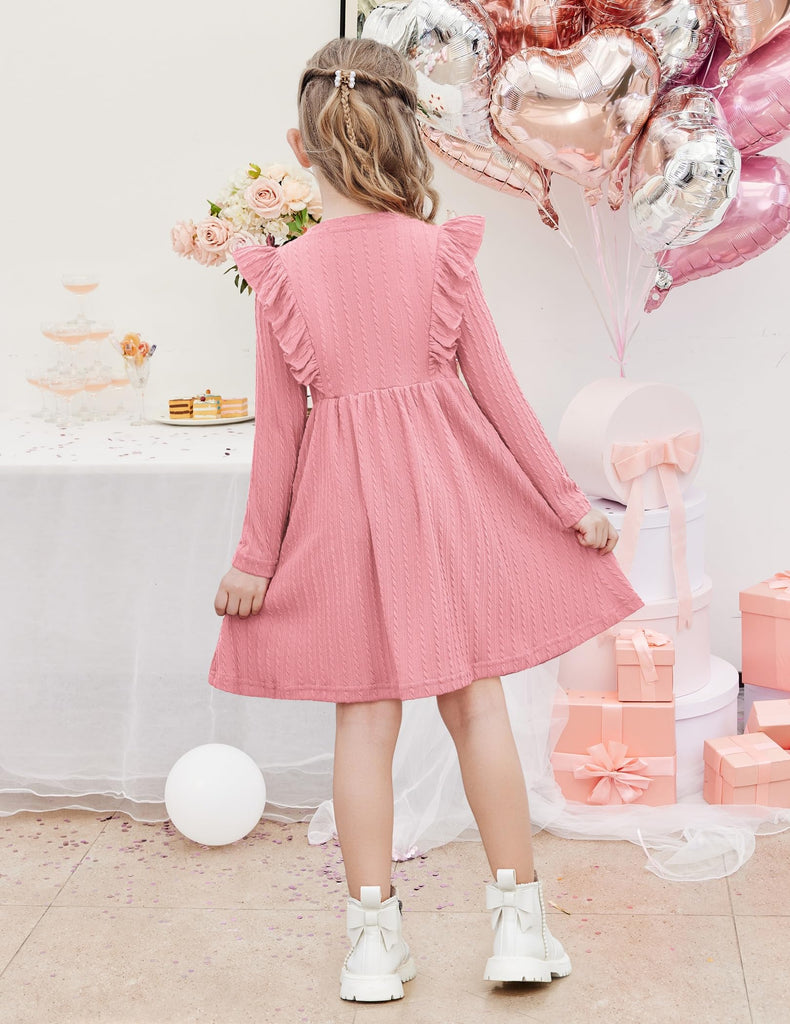 Toddler Girl Dress Ruffle Ribbed Knit Long Sleeve A-Line Swing Fall Winter Bowknot Casual Pink Dress with Pockets