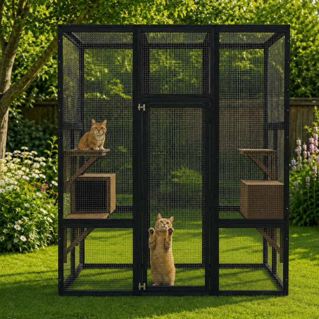 70" Catio Outdoor Cat Enclosure, Wooden Patio Cat House, Black