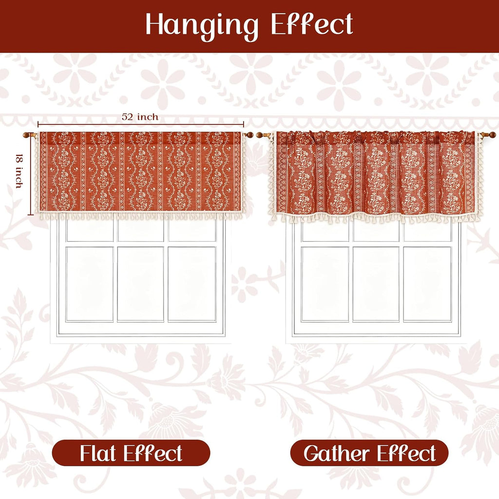 Boho Valance Curtains Vintage Linen Kitchen Valances for Windows Light Filtering Floral Valance Rod Pocket Farmhouse