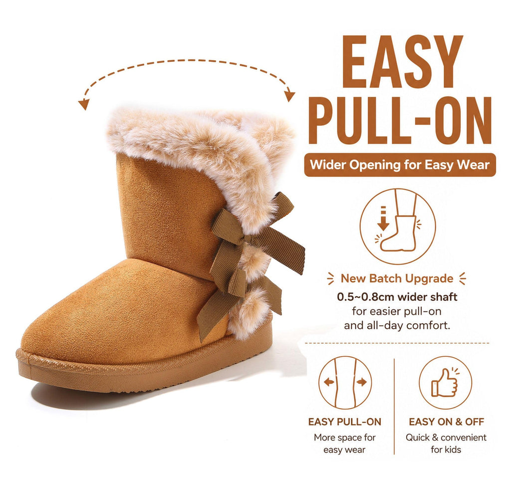 Girls Winter Faux Fur Pull On Boots with Bows, 038 chestnut 12
