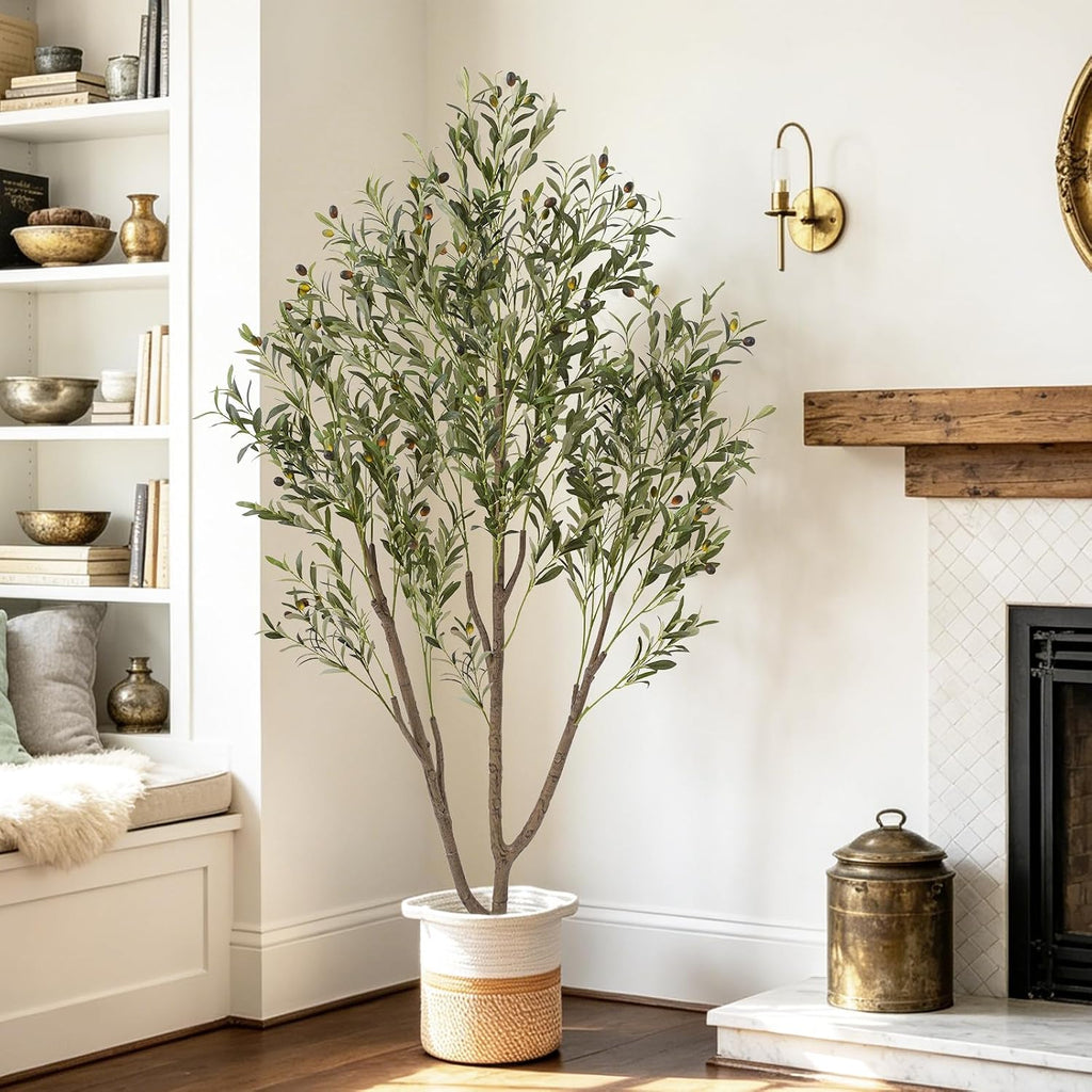 Olive Trees Artificial Indoor, 6FT Tall Faux Olive Tree with Planter & Basket, Artificial Plants with Natural Wood