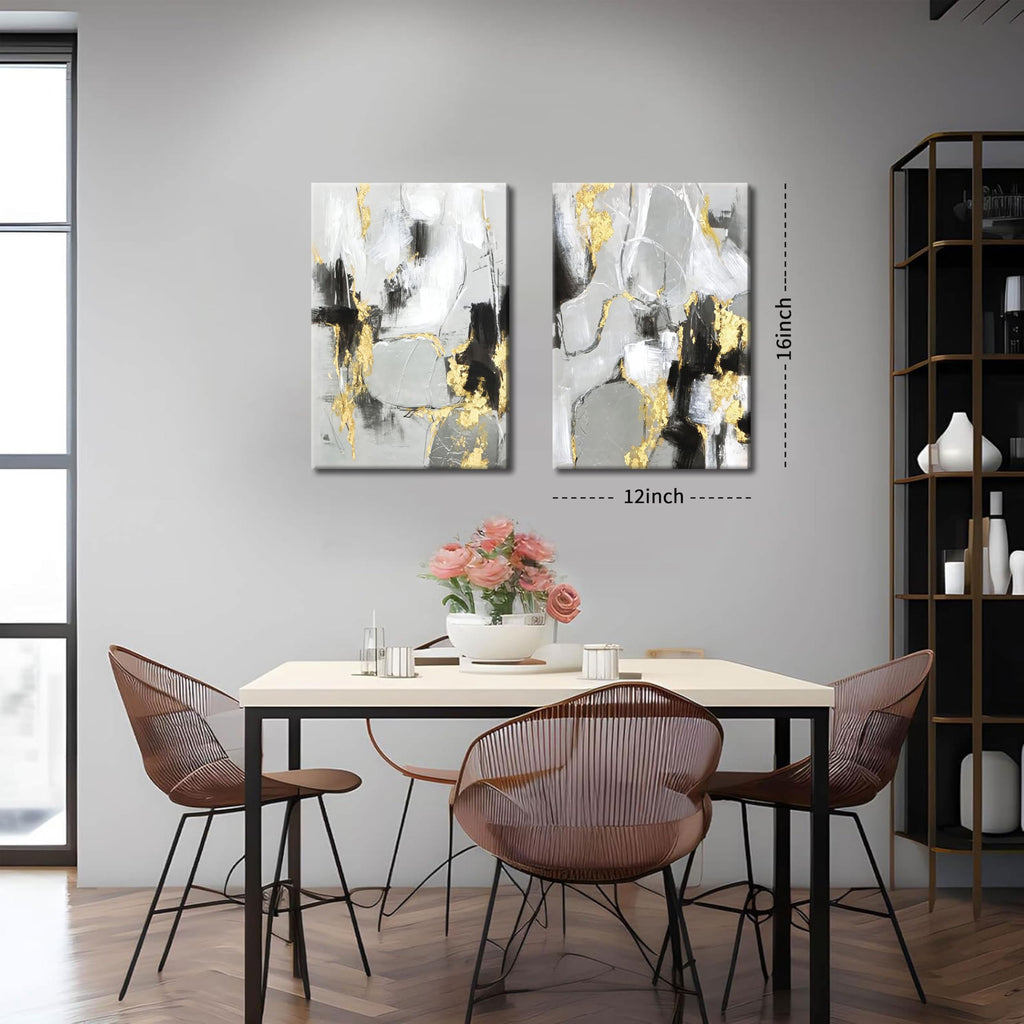 Framed Abstract Black Gold Wall Art Set of 2, Modern Black White Gold Canvas Prints Poster Picture Bedroom Office